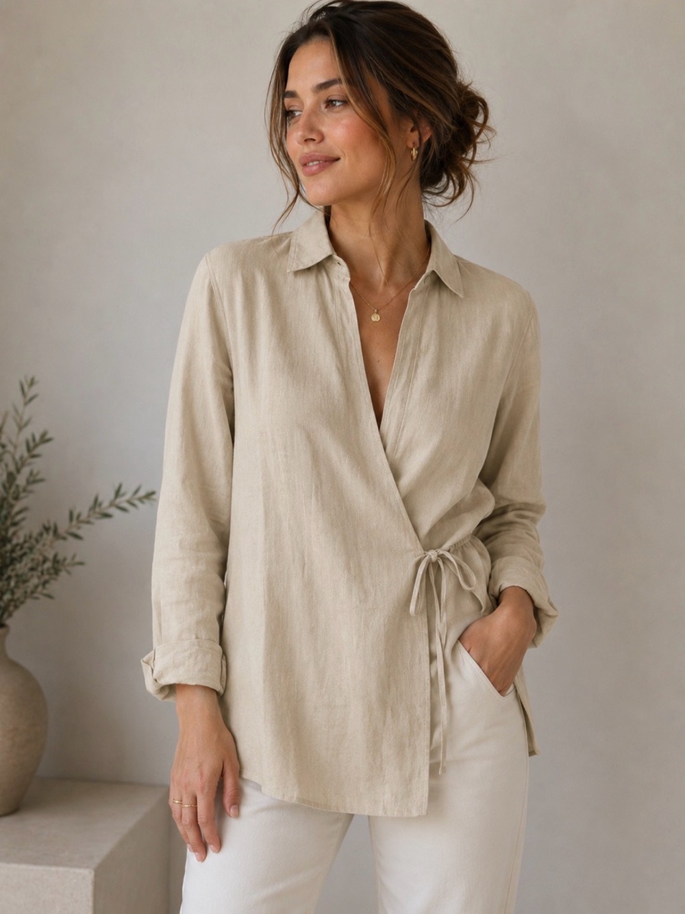 Kenneth Cole Tie-Waist Wrap Shirt in Beige